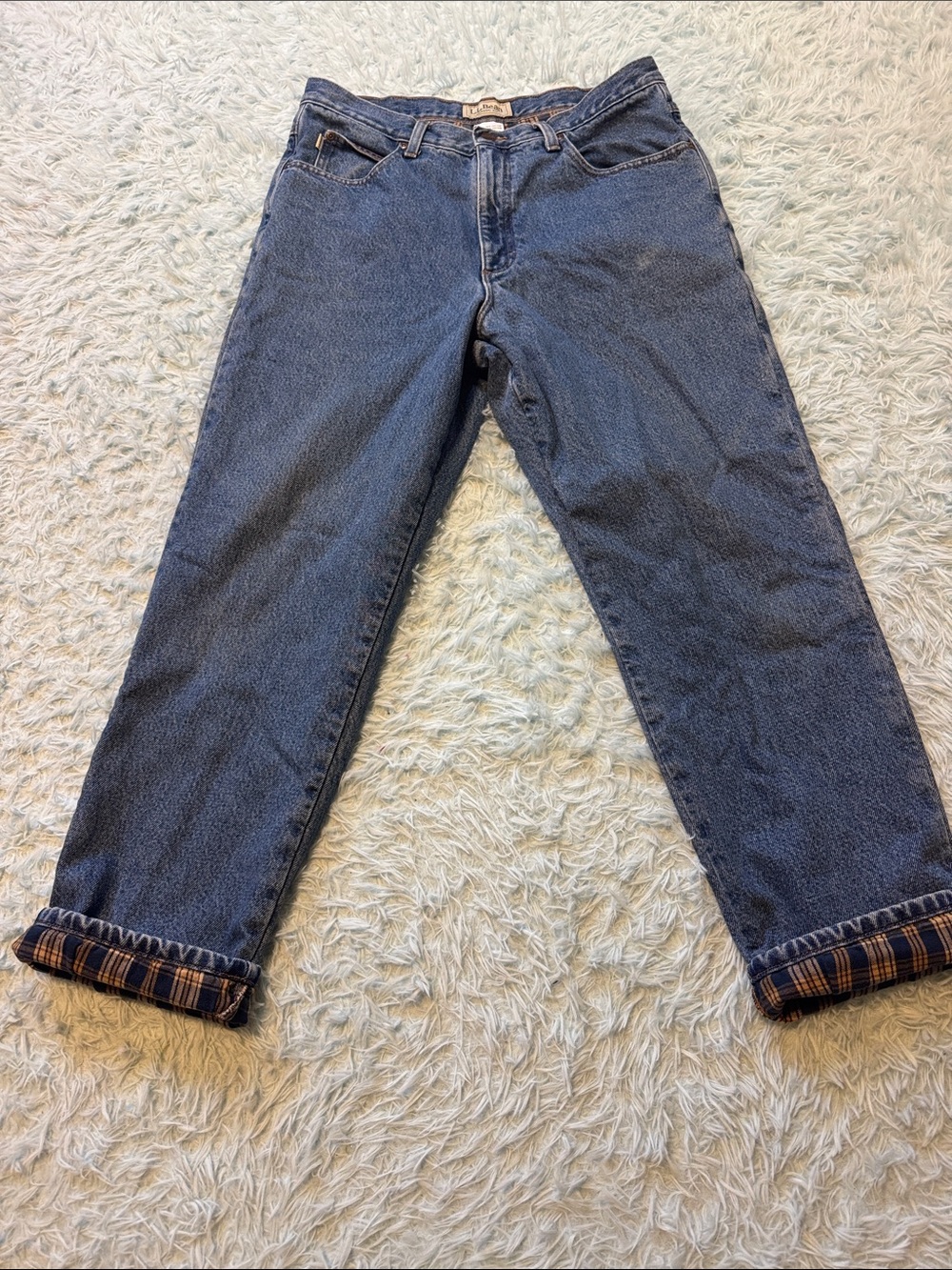 L.L. Bean Men's Relaxed Blue Denim Jeans with plaid lining 34x29
